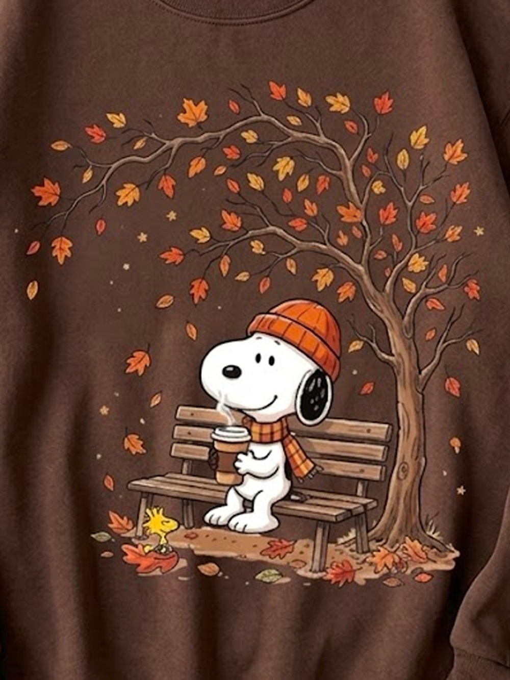 Snoopy Autumn Leaves Coffee Cozy Peanuts Brown Sweater Sweatshirt - Picture 2 of 3